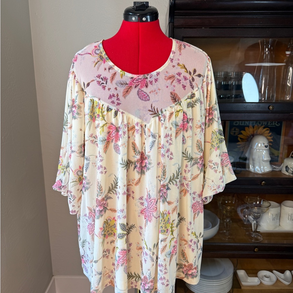 Lane Bryant Floral Babydoll Pink Ivory Boho Blouse Plus Size 22/24